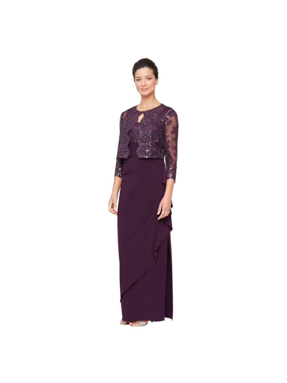 Elegant Plum Beaded Evening Gown with Jacket